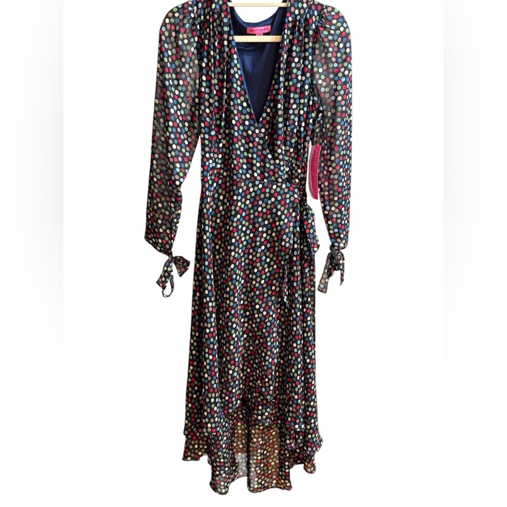 Betsey Johnson Wrap Dress Womens Size 10 Polka Dots High Low Hem‎ Sleeve Tie NEW - Picture 3 of 14